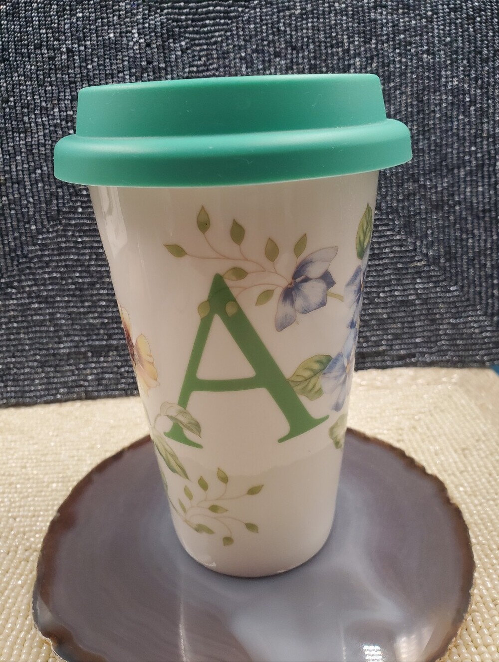 Lenox Initial A Butterfly Meadow Ceramic Travel Mug with Lid (C3)